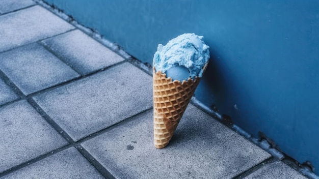 Foto eine blaue eistüte auf einem bürgersteig