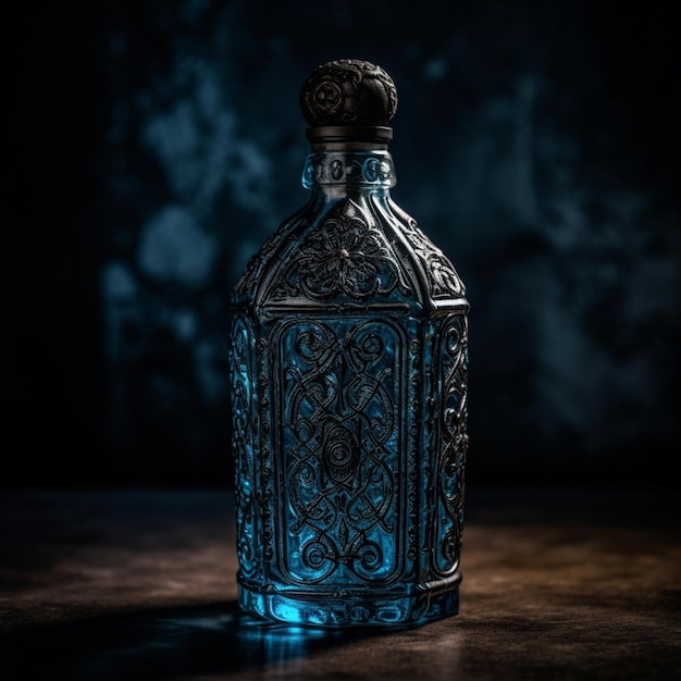 Eine blaue Flasche mit einem silbernen Muster darauf