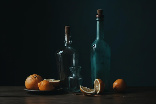 Eine blaue Flasche mit Orangen auf einem Teller und ein Teller mit einem Teller Orangen.