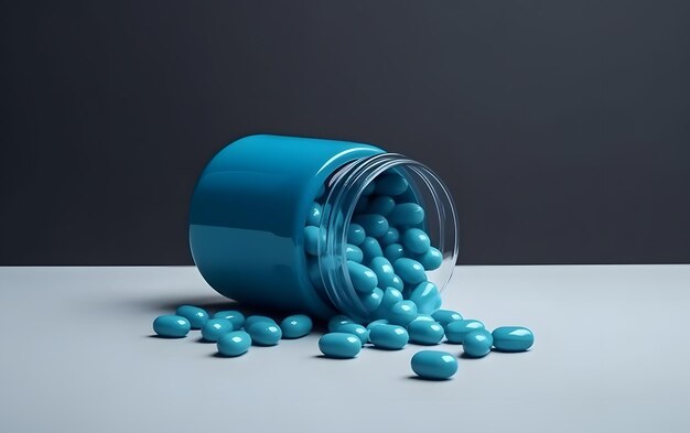 Eine blaue Flasche mit Pillen ist auf einem Tisch verschüttet.