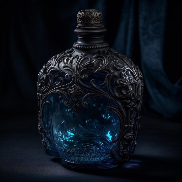 Eine blaue Flasche mit silbernem Design steht auf einer dunklen Oberfläche.