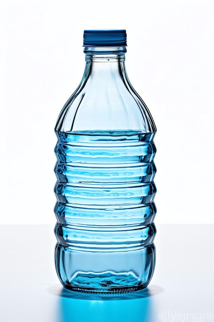 Eine blaue Flasche Wasser mit dem Wort Wasser darauf