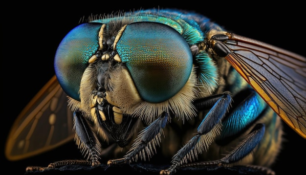 Eine blaue Fliege mit schwarzem Hintergrund