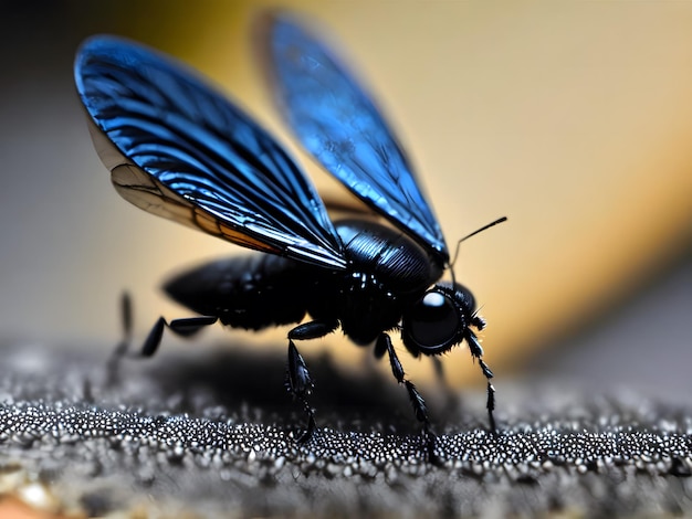 Eine blaue Fliege mit schwarzen Flügeln liegt auf einer grauen Oberfläche.