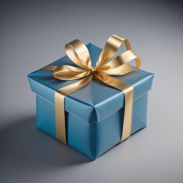 Eine blaue Geschenkbox mit einem goldenen Band darum gebunden.