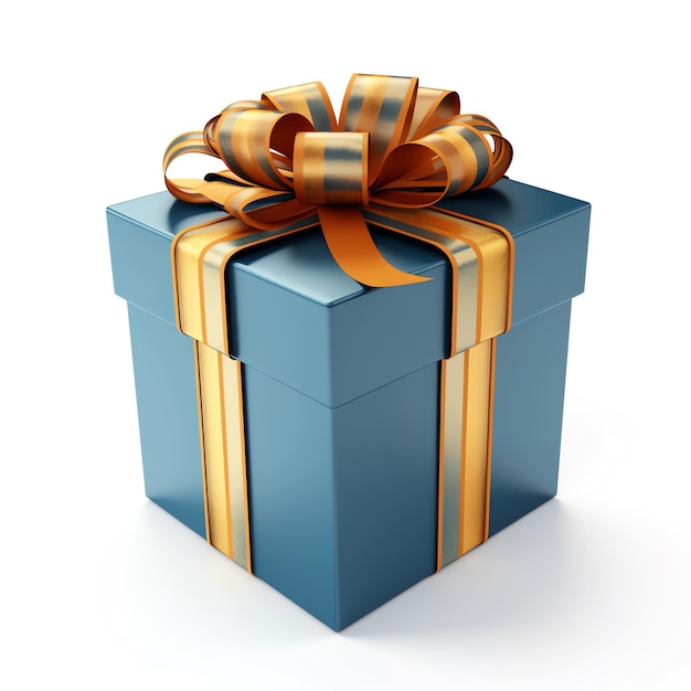 Eine blaue Geschenkbox mit einer goldenen Schleife und einem goldenen Band.