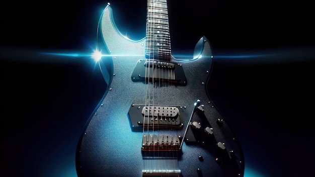 Eine blaue Gitarre mit dem Wort Musik darauf