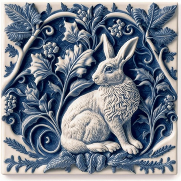 Eine blaue Kachel mit einem Kaninchen darauf