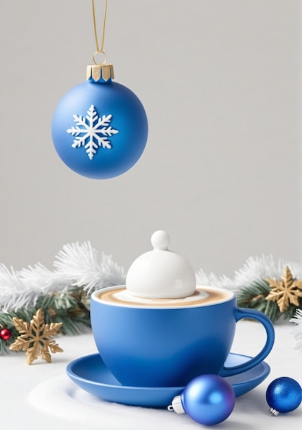 Eine blaue Kaffeetasse mit einem Weihnachtsornament auf einem weißen Hintergrund