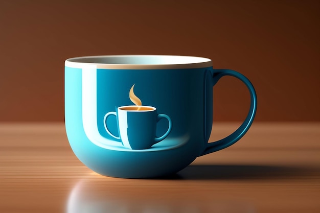 Eine blaue Kaffeetasse mit einer rauchigen Kaffeetasse auf der Vorderseite.