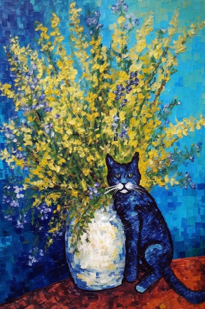 Eine blaue Katze sitzt vor einer Blumenvase.