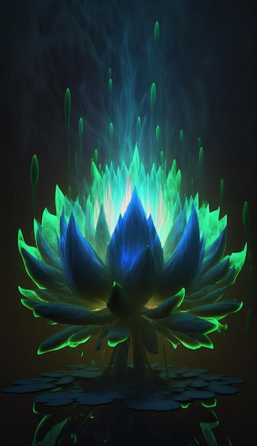 Eine blaue Lotusblume mit einer Flamme darauf.