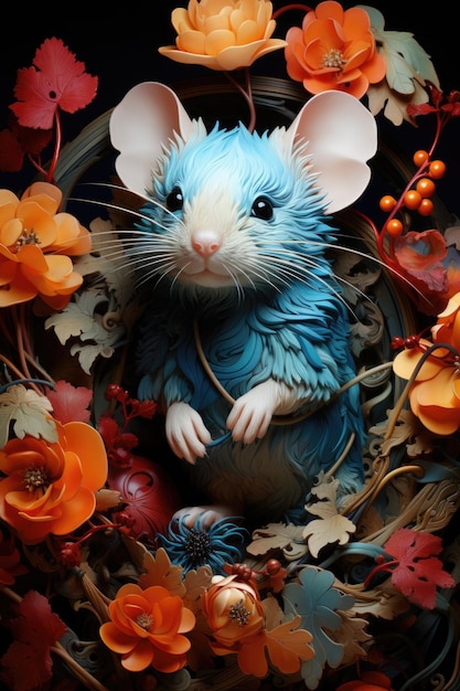 Eine blaue Maus, umgeben von Blumen