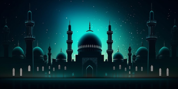 Eine blaue Moschee in der Nacht mit leuchtenden Lichtern.