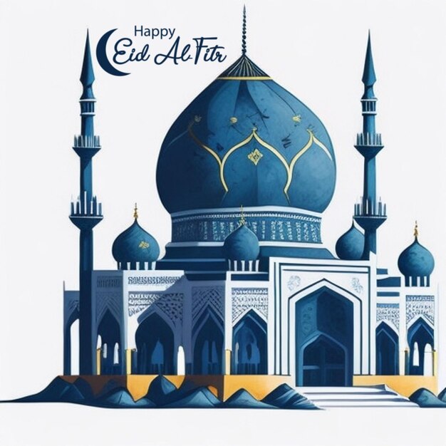 Eine blaue Moschee mit einer blauen Kuppel und den Worten "Glücklicher Eid al-Fitr".