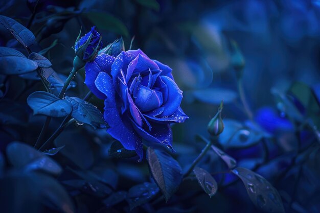 Eine blaue Rose in voller Blüte in der Nacht, gebadet im Mondlicht, mit Taudropfen, die sich an ihre samtfarbenen Blütenblätter klammern.