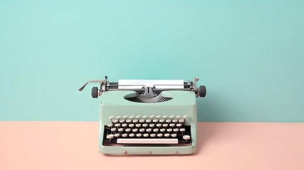 Eine blaue Schreibmaschine mit weißem Griff sitzt auf einer rosa Fläche.