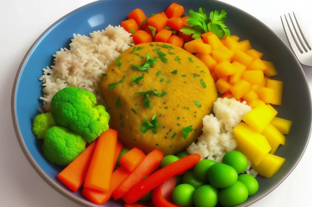 Eine blaue Schüssel mit einem gelben Teller mit Reis und Gemüse.