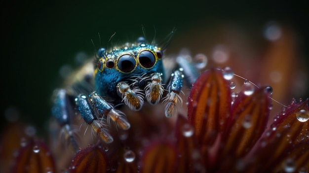 Eine blaue Spinne sitzt mit offenen Augen auf einer Blume.