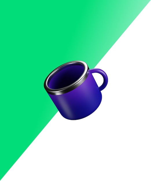 Eine blaue Tasse mit weißem Rand und grünem Hintergrund.