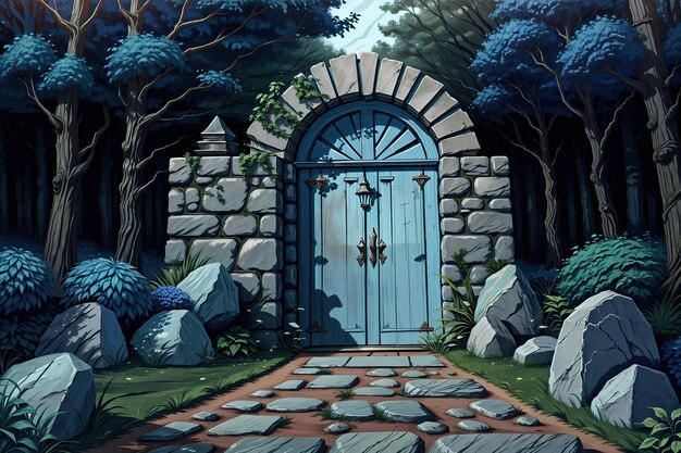 eine blaue Tür, ein dunkles Waldgebiet