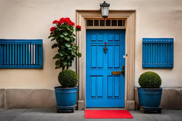 eine blaue Tür mit einer blauen Tür und einem Blumentopf davor.