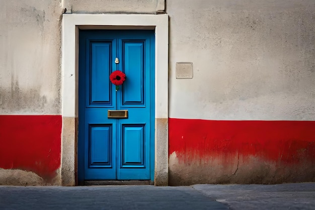 Eine blaue Tür mit einer roten Blume darauf