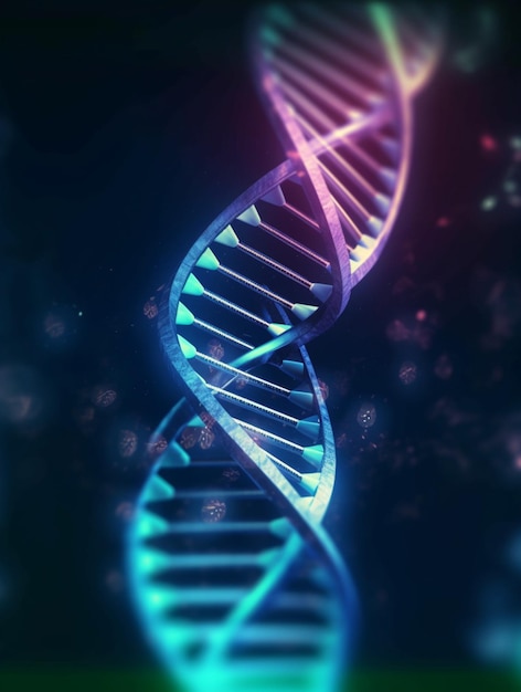 Eine blaue und violette DNA-Doppelhelix mit dem Wort DNA darauf.