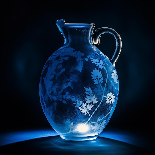 Eine blaue Vase mit Blättern darauf leuchtet vor blauem Hintergrund.