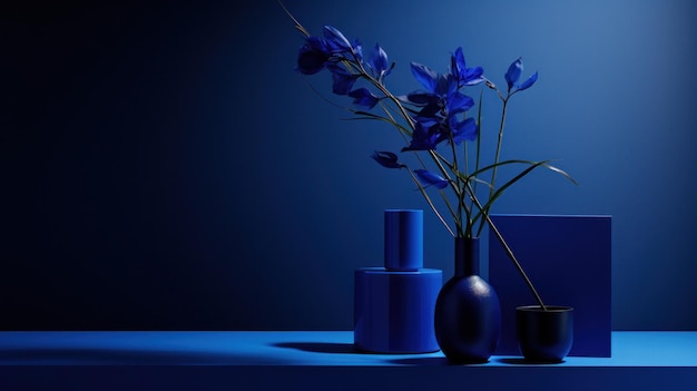 Eine blaue Vase mit Blumen auf einem Tisch