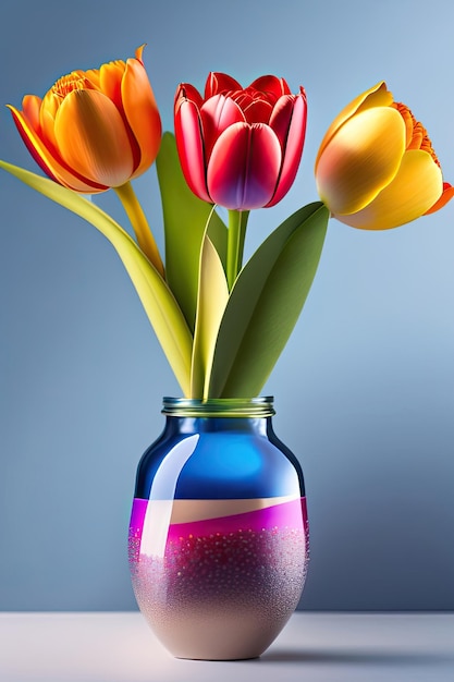 eine blaue Vase mit mehrfarbigen Blumen darin