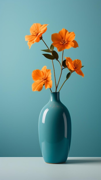 eine blaue Vase mit orangefarbenen Blumen