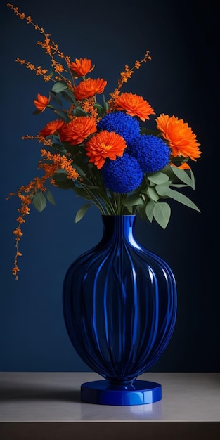 Eine blaue Vase mit orangefarbenen und blauen Blumen darin