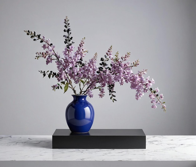 eine blaue Vase mit purpurfarbenen Blumen auf einem Marmortisch