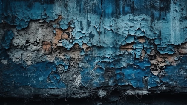 Eine blaue Wand mit abgeplatzter Farbe, auf der „blau“ steht