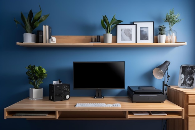 Eine blaue Wand mit einem Computermonitor und einem Drucker darauf.