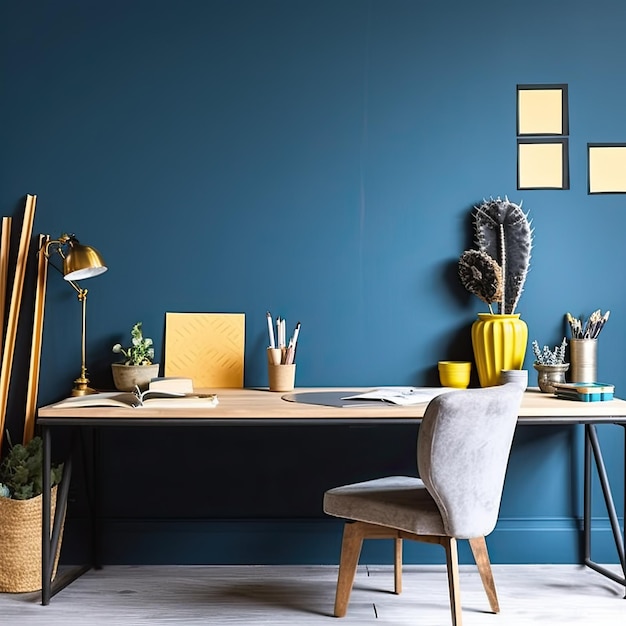 Eine blaue Wand mit einer blauen Wand und einer gelben Vase mit einer Pflanze
