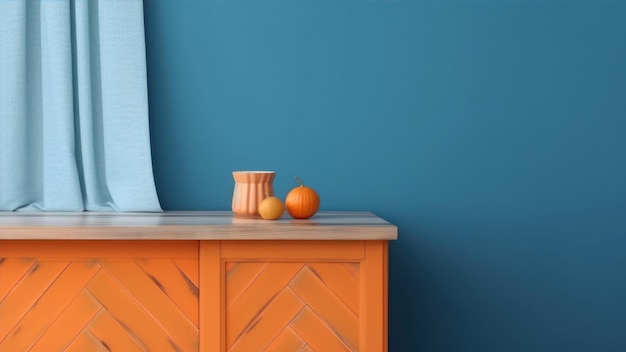 Eine blaue Wand mit einer Orange und einer Vase darauf