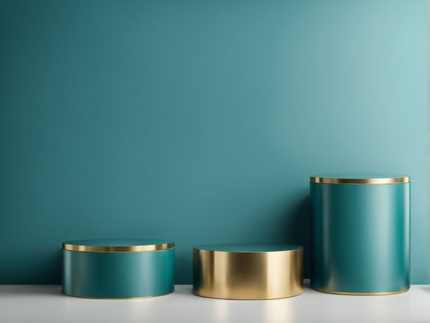 eine blaue Wand mit Gold- und Silberbehältern