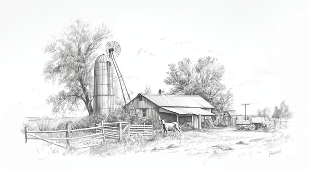 Foto eine bleistiftzeichnung einer ländlichen szene eine kuh steht im vordergrund, eine windmühle und eine scheune im hintergrund