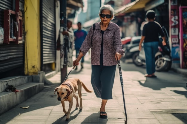 Eine blinde Frau in einer behinderten asiatischen Seniorin in der Stadt hat ihren besten Freundhund, der ihr hilft, die Straßen zu überqueren und mit generativer KI spazieren zu gehen