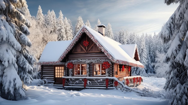 Eine Blockhütte im Wald mit einem Weihnachtsbaum im Hintergrund.