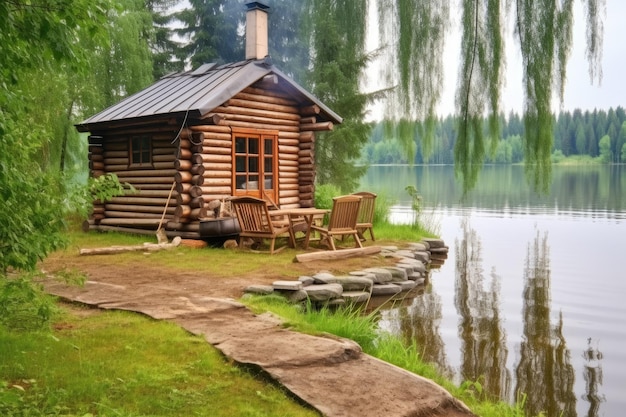 Eine Blockhütte mit einem traditionellen Holzofen am See