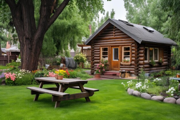 Foto eine blockhütte mit holz-piknik-tisch im vorderhof