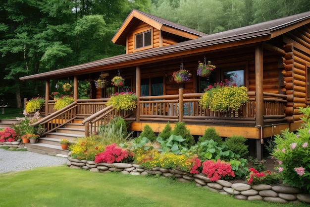 Eine Blockhütte mit umlaufender Veranda und Blumenkästen, umgeben von üppigem Grün