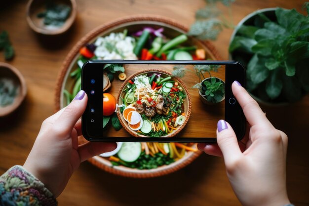 Eine Bloggerin fotografiert mit ihrem Smartphone eine Schüssel mit asiatischem Essen