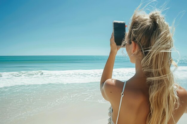 Eine blonde Frau am Strand macht im Sommer ein Foto