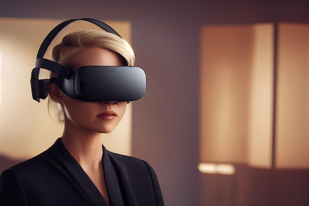 Eine blonde Frau, die ein VR-Headset trägt, um den Kopierraum des zukünftigen Konzepts Metaverse Connection zu erkunden