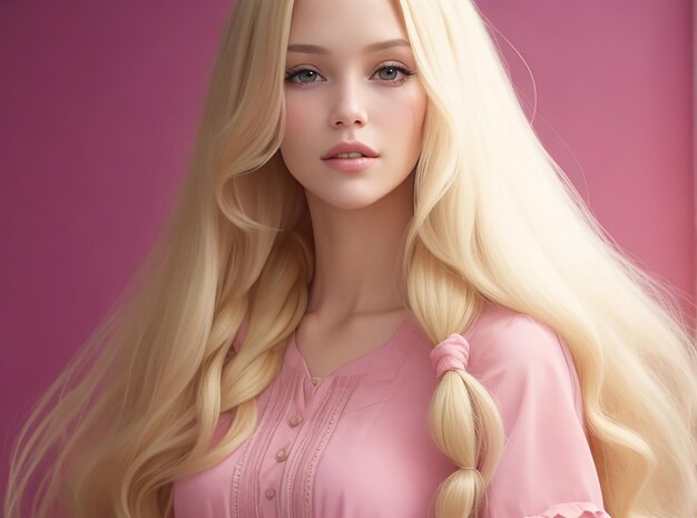 Eine blonde Frau in einem rosa Kleid mit langen blonden Haaren