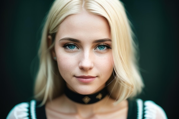 Eine blonde Frau mit blauen Augen und einem schwarzen Top